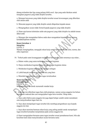 87
datang terlambat dan liga orang pulang lebih awal. Apa yang anda lakukan untuk
mengatasi pegawai yang tidak disiplin tersebut..
a. Menegur karyawan yang tidak disiplin tersebut sesuai kewenangan yang diberikan
oleh atasan anda
b. Mencatat pegawai yang tidak disiplin untuk dilaporkan kepada atasan
c. Mengingatkan secara tidak formal kepada pegawai yang tidak disiplin
d. Diam saja karena kebetulan salah satu pegawai yang tidak disiplin itu adalah teman
dekat anda
e. Menegur dan mengatakan bahwa anda akan mengatakan kepada atasan tentang
ketidakdisiplinan mereka
Kunci Jawaban A
Integritas
LEVEL 2
Mampu mengingatkan, mengajak rekan kerja untuk bertindak sesuai nilai, norma, dan
etika organisasi
18. Terkait pada suatu kesanggupan melakukan hal tertentu pada umumnya saya akan...
a. Dalam waktu yang sama melakukan berbagai kegiatan
b. Hanya melakukan kegiatan yang relevan dengan kegiatan ulama
c. Melakukan kegiatan lain sekedar sebagai selingan
d. Lebih banyak melakukan kegiatan lain yang baru
e. Menolak kegiatan lain sebelum tugas terselesaikan
Kunci Jawaban E
Orientasi hasil
LEVEL 1
Betanggung jawab untuk memenuhi standar kerja
19. Anda dan tim diberikan tugas baru oleh pimpinan, namun semua anggota tim belum
memahami maksud dan cara mengerjakan tugas beru tersebut. Sikap anda...
a. Saya yakin bahwa para anggota tim juga dapat belajar sendiri untuk memahami
cara menyelesaikan tugas baru itu
b. Saya akan mempelajari tugas tersebut lalu membagi pengetahuan saya kepada
anggota tim lain
c. Saya akan meminta bantuan rekan kerja yang paling pandai untuk mempelajari
tugas tersebut kemudian menjelaskan pada semua anggota tim
d. Kami mengerjakan bersama-sama tugas tersebut sesuai pemahaman kami, bila ada
kesulitan kami akan menyelesaikan secara bersama-sama
 