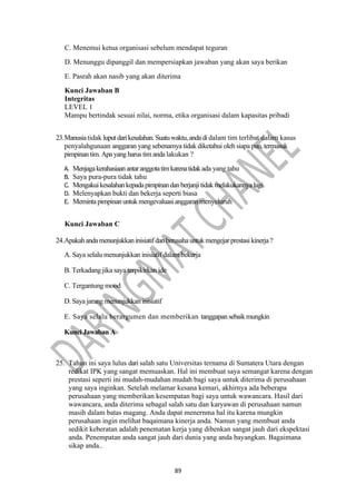 89
C. Menemui ketua organisasi sebelum mendapat teguran
D. Menunggu dipanggil dan mempersiapkan jawaban yang akan saya berikan
E. Pasrah akan nasib yang akan diterima
Kunci Jawaban B
Integritas
LEVEL 1
Mampu bertindak sesuai nilai, norma, etika organisasi dalam kapasitas pribadi
23.Manusiatidak luputdarikesalahan.Suatuwaktu,andadi dalam tim terlibat dalam kasus
penyalahgunaan anggaran yang sebenamya tidak diketahui oleh siapa pun,termasuk
pimpinantim.Apayangharus tim andalakukan ?
A. Menjagakerahasiaanantaranggotatimkarenatidakada yang tahu
B. Saya pura-pura tidak tahu
C. Mengakuikesalahankepadapimpinandanberjanjitidak melakukannyalagi
D. Melenyapkan bukti dan bekerja seperti biasa
E. Memintapimpinanuntukmengevaluasi anggaran menyeluruh
Kunci Jawaban C
24.Apakahandamenunjukkaninisiatifdanberusahauntukmengejarprestasi kinerja ?
A. Saya selalu menunjukkan inisiatif dalam bekerja
B. Terkadang jika saya terpikirkan ide
C. Tergantung mood
D. Saya jarang menunjukkan inisiatif
E. Saya selalu berargumen dan memberikan tanggapansebaikmungkin
Kunci Jawaban A
25. Tahun ini saya lulus dari salah satu Universitas ternama di Sumatera Utara dengan
redikat IPK yang sangat memuaskan. Hal ini membuat saya semangat karena dengan
prestasi seperti ini mudah-mudahan mudah bagi saya untuk diterima di perusahaan
yang saya inginkan. Setelah melamar kesana kemari, akhirnya ada beberapa
perusahaan yang memberikan kesempatan bagi saya untuk wawancara. Hasil dari
wawancara, anda diterima sebagal salah satu dan karyawan di perusahaan namun
masih dalam batas magang. Anda dapat menernma hal itu karena mungkin
perusahaan ingin melihat baqaimana kinerja anda. Namun yang membuat anda
sedikit keberatan adalah penematan kerja yang dibenkan sangat jauh dari ekspektasi
anda. Penempatan anda sangat jauh dari dunia yang anda bayangkan. Bagaimana
sikap anda..
 
