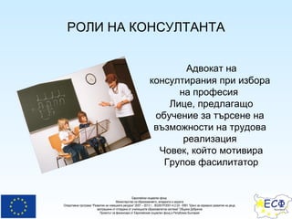 РОЛИ НА КОНСУЛТАНТА Адвокат на консултирания при избора на професия   Лице, предлагащо обучение за търсене на възможности на трудова реализация Човек, който мотивира Групов фасилитатор 