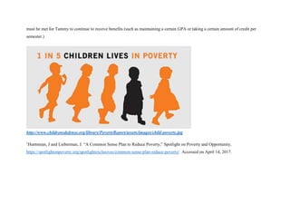 must be met for Tammy to continue to receive benefits (such as maintaining a certain GPA or taking a certain amount of credit per
semester.)
http://www.childrensdefense.org/library/PovertyReport/assets/images/child-poverty.jpg
1
Huntsman, J and Lieberman, J. “A Common Sense Plan to Reduce Poverty,” Spotlight on Poverty and Opportunity,
https://spotlightonpoverty.org/spotlightexclusives/common-sense-plan-reduce-poverty/ Accessed on April 14, 2017.
 