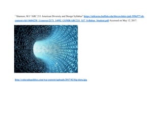 1
Shannon, M.J “ARC 211 American Diversity and Design Syllabus” https://ublearns.buffalo.edu/bbcswebdav/pid-3996577-dt-
content-rid-14604230_1/courses/2171_14992_COMB/ARC211_S17_Syllabus_Student.pdf Accessed on May 12, 2017.
http://coloradopolitics.com/wp-content/uploads/2017/02/big-data.jpg
 