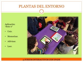 PLANTAS DEL ENTORNO

Aplicación:
“Make it”

• Unir.

• Memorizar.
• Adivinar.
• Leer.

3 JUEGOS INTERACTIVOS CON IPADS

 