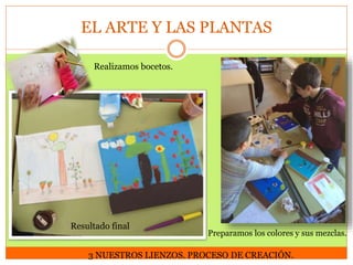 EL ARTE Y LAS PLANTAS
Realizamos bocetos.

Resultado final

Preparamos los colores y sus mezclas.

3 NUESTROS LIENZOS. PROCESO DE CREACIÓN.

 