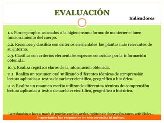 EVALUACIÓN

Indicadores

1.1. Pone ejemplos asociados a la higiene como forma de mantener el buen
funcionamiento del cuerpo.
2.2. Reconoce y clasifica con criterios elementales las plantas más relevantes de
su entorno.
2.3. Clasifica con criterios elementales especies conocidas por la información
obtenida.
10.3. Realiza registros claros de la información obtenida.
11.1. Realiza un resumen oral utilizando diferentes técnicas de comprensión
lectora aplicadas a textos de carácter científico, geográfico o histórico.

11.2. Realiza un resumen escrito utilizando diferentes técnicas de comprensión
lectora aplicadas a textos de carácter científico, geográfico o histórico.

La evaluación se hace a través de pruebas escritas, orales, registros de observación, tareas, actividades…
Importante: las respuestas no son cerradas ni únicas.

 