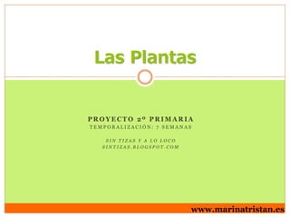 Las Plantas

PROYECTO 2º PRIMARIA
TEMPORALIZACIÓN: 7 SEMANAS
SIN TIZAS Y A LO LOCO
SINTIZAS.BLOGSPOT.COM

www.marinatristan.es

 