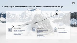 P3 – Lean Service Design
A clear, easy to understand Business Case is the heart of Lean Service Design.
ASSUMPTIONS CALCULATION
- All calculations linked to
assumptions
- Revenues
- Variable and fixed costs
- Profit and loss
- Cashflow and NPV
- Assessment of results
- Recommendations
- All data and assumptions
- Impact assessment
- Validity assessment
- Test priorization
CONCLUSION
 