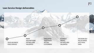 P3 – Lean Service Design
9
SOLID BUSINESS
CASE DERIVED
MAIN
ASSUMPTIONS
DEFINED AND
VALIDATED
BUSINESS
MODEL
DEFINED AND
VALIDATED
SIMULATED
SALES WITH
ACTUAL
CUSTOMERS
DECISION GO/
NO GO MADE
WITH REAL
DATA
Lean Service Design deliverables
 