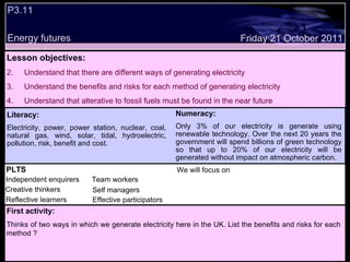 P3.11 Energy futures Decide whether the following statements are true or false: Lesson objectives: Understand that there are different ways of generating electricity Understand the benefits and risks for each method of generating electricity Understand that alterative to fossil fuels must be found in the near future Friday 21 October 2011 First activity: Thinks of two ways in which we generate electricity here in the UK. List the benefits and risks for each method ? Literacy: Electricity, power, power station, nuclear, coal, natural gas, wind, solar, tidal, hydroelectric, pollution, risk, benefit and cost. Numeracy: Only 3% of our electricity is generate using renewable technology. Over the next 20 years the government will spend billions of green technology so that up to 20% of our electricity will be generated without impact on atmospheric carbon. PLTS Independent enquirers Creative thinkers Reflective learners We will focus on Team workers Effective participators Self managers 