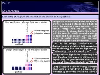P3.11 c   Look at the photograph and information and answer all the questions: Energy efficient light bulbs create very little heat, therefore they waste very little energy. Explain why the government is right to ban the sale of filament light bulbs from 2011 ?  Using a diagram show the energy transfers when using a) a hair dryer b) a toaster c) a television d) an electric fire and e) a laptop ? Energy can be transformed from one type to another by using a device like a bulb or motor. During energy transformation, some useful energy can be lost to the environment. A simple device like a light bulb, for example transfers electrical energy to light and heat energy. Only the light energy is useful energy, with the heat energy being lost to the environment.  Look at the energy transformation or Sankey diagram showing a bulb converting electrical energy into heat and light energy. Which energy type is the useful type ? Energy efficiency of a gas fired power station Energy efficiency of a coal fire power station Key concepts coal fired 40% electricity 40% exhaust gases 20% cooling system gas fired 60% electricity 20% exhaust gases 20% cooling system 