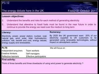 P3.12 The energy debate here in the UK Decide whether the following statements are true or false: Friday 21 October 2011 First activity: Think of three benefits and three drawbacks of using wind power to generate electricity ? PLTS Independent enquirers Creative thinkers Reflective learners We will focus on Team workers Effective participators Self managers Lesson objectives: Understand the benefits and risks for each method of generating electricity Understand that alterative to fossil fuels must be found in the near future in order to continue to provide the energy we need over the medium to long term Literacy: Electricity, power, power station, nuclear, coal, natural gas, wind, solar, tidal, hydroelectric, pollution, risk, benefit and cost, energy debate, energy supply and renewables. Numeracy: By 2020 the UK government want  20% of our electricity supplied to UK customers to be generated using renewable technologies, without impact on atmospheric carbon. 