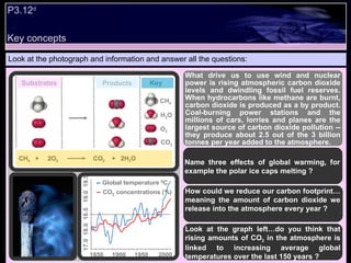 P3.12 d Look at the photograph and information and answer all the questions: What drive us to use wind and nuclear power is rising atmospheric carbon dioxide levels and dwindling fossil fuel reserves. When hydrocarbons like methane are burnt, carbon dioxide is produced as a by product. Coal-burning power stations and the millions of cars, lorries and planes are the largest source of carbon dioxide pollution -- they produce about 2.5 out of the 3 billion tonnes per year added to the atmosphere.   Name three effects of global warming, for example the polar ice caps melting ? How could we reduce our carbon footprint…meaning the amount of carbon dioxide we release into the atmosphere every year ? Look at the graph left…do you think that rising amounts of CO 2  in the atmosphere is linked to increasing average global temperatures over the last 150 years ? O 2 CH 4 H 2 O CO 2 Key Substrates Products CH 4  +  2O 2   CO 2   +  2H 2 O  Key concepts 