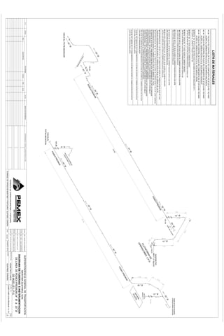 LISTA DE MATERIALES
        VA -04 : VALVULA DE CONTROL DE FLUJO DE COMPUERTA DE 20" Ø CLASE 150 ANSI
                 ACERO AL CARBON ASTM-A-216 Gr. WCB MARCA WALWORTH
        VA -18 : VALVULA DE CONTROL DE FLUJO DE COMPUERTA DE 10" Ø CLASE 125 ANSI
                 ACERO AL CARBON ASTM-A-216 Gr. WCB MARCA WORCEST
        VA -31 : VALVULA DE CONTROL DE FLUJO DE COMPUERTA DE 10" Ø CLASE 150 ANSI
                 ACERO AL CARBON ASTM-A-216 Gr. WCB MARCA CRANE
        02 BRIDAS DE 20" Ø CLASE 150 ANSI CUELLO SOLDABLE (W.N) CARA REALZADA (R.F.)
        DE ACERO AL CARBON FORJADO ASTM-A-105
        03 BRIDA DE 10 " Ø DE ACERO AL CARBON FORJADO
         ASTM-A-234 WPB SIN COSTURA EXTREMOS BICELADOS CEDULA 40
                                                                                                                                                                                                                                                                                                          13
                                                                                                                                                                                                                                                                                                            .00
        01 BRIDA CIEGA DE 10 " Ø DE ACERO AL CARBON FORJADO
         ASTM-A-234 WPB SIN COSTURA EXTREMOS BICELADOS CEDULA 40
        04 CODOS DE 90ª R.L. 20" Ø DE ACERO AL CARBON FORJADO ASTM-A-234 WPB




                                                                                                                                                                                                                                                                    10 " Ø
        SIN COSTURA EXTREMOS BICELADOS CEDULA 40




                                                                                                                                                                                                                                                             7.80
        03 CODOS DE 90ª R.L. 10" Ø DE ACERO AL CARBON FORJADO ASTM-A-234 WPB                                                                                                                                                                                                                                                                                                                                            VIENE DE PLATAFORMA
        SIN COSTURA EXTREMOS BICELADOS CEDULA 40                                                                                                                                                                                                                                            "   Ø                        N                                                                                              OPERACIONES ESPIGON
                                                                                                                                                                                                                                                                                         24                  G   AV
                                                                                                                                                                                                                                                                                                                    IO
        01 CODOS DE 45ª R.L. 20" Ø DE ACERO AL CARBON FORJADO ASTM-A-234 WPB                                                                                                                                                                                                                          D   EL
                                                                                                                                                                                                                                                                                                   NE
        SIN COSTURA EXTREMOS BICELADOS CEDULA 40                                                                                                                                                                                                                                            V IE                                                                                                                            Ø
                                                                                                                                                                                                                                                                                                                                                                                                                        "




                                                                                                                                                                                                                                                                                                                                10 " Ø
        02 REDUCIDO CONCENTRICO DE 24" Ø A 20 " Ø DE ACERO AL CARBON FORJADO
                                                                                                                                                                                                                                                                             VA-18                                                                                                                                   20




                                                                                                                                                                                                                                                                                                                                            7.15
                                                                                                                                                                                                                                                      "Ø
         ASTM-A-234 WPB SIN COSTURA EXTREMOS BICELADOS CEDULA 40
                                                                                                                                                                                                                                                   24
        40 ESPARRAGOS DE 1 1/8" Ø X 6 1/2 " DE LONGITUD DE ACERO AL CARBON ASTM-A-193 Gr B7, DOS                                                                                                                                                    IUM
                                                                                                                                                                                                                                                  EM




                                                                                                                                                                                                                                                                                                                                                                                             0
                                                                                                                                                                                                                                                                                                                                                                                            8.7
        TUERCAS HEXAGONALES DE ACERO AL CARBON ASTM-A-194 Gr. 2H ( BRIDAS 150 - 20" Ø )




                                                                                                                                                                                                                                                                                                                                                                                                            10 " Ø
                                                                                                                                                                                                                                            X   PR                                                                                                       MANOMETRO
                                                                                                                                                                                                                                         ME
        56 ESPARRAGOS DE 7/8 " Ø X 5 " DE LONGITUD DE ACERO AL CARBON ASTM-A-193 Gr B7, DOS TUERCAS
        HEXAGONALES DE ACERO AL CARBON ASTM-A-194 Gr. 2H ( BRIDAS 150 - 10" Ø )                                                                                                                                                        PE                                                                                                               IM017 21 Kg/cm2
        02 JUNTAS DE 20" Ø 150   PARA BRIDA CARA REALZADA, ESPIROMETALICA DE 18 DE ESPESOR,                                                                                                                                                                                                                                                        VA-31
        ACERO INOXIDABLE 304 RELLENO DE MATERIAL DE FLUOROPOLIMERO (FTFP), CON ANILLO                                                                                                                                                                                                                                        1.9                    DE G .                                                                  VA-35
                                                                                                                                                                                                                                                                                                                                                  MA .P.
                                                                                                                                                                                                                                                                                                                                   5
        CENTRADOR DE ACERO AL CARBON CON RECUBRIMIENTO CADMIZADO.
        04 JUNTAS DE 10" Ø 150   PARA BRIDA CARA REALZADA, ESPIROMETALICA DE 18 DE ESPESOR,                                                                                                                                                                                                                                                     OR S L
        ACERO INOXIDABLE 304 RELLENO DE MATERIAL DE FLUOROPOLIMERO (FTFP), CON ANILLO                                                                                                                                                                                                                                                         AF  E
                                                                                                                                                                                                                                                                                                                                           AT ON                                                            HACIA EL
                                                                                                                                                                                                                                                                                                                                         PL ACI
        CENTRADOR DE ACERO AL CARBON CON RECUBRIMIENTO CADMIZADO.                                                                                                                                                                                                                                                                                                                                          MUELLE " T "




                                                                                                                                                                                                                                                                                                                                                                                                  20 " Ø
                                                                                                                                                                                                                                                                                                                                           ER
        466.70 ML DE TUBERIA DE 24" Ø (508 MM)CEDULA 30 (0.500) DE ACERO AL CARBON ASTM-A-53 Gr.B S IN




                                                                                                                                                                                                                                                                                                                                                                                     6.00
                                                                                                                                                                                                                                                                                                                                         OP
        COSTURA, EXTREMOS BISELADOS
                                                                                                                                                                                                                                                                                                                                                                                                                  N
        15.00 ML DE TUBERIA DE 20" Ø (508 MM)CEDULA 30 (0.500) DE ACERO AL CARBON ASTM-A-53 Gr.B S IN                                                                                                                                                                                                                                                                                                         VIO
        COSTURA, EXTREMOS BISELADOS                                                                                                                                                                                                                                                                                                                                                                         GA OTE
                                                                                                                                                                                                                                                                                                                                                                                                             PIV
        30.00 ML DE TUBERIA DE 10" Ø (508 MM)CEDULA 30 (0.500) DE ACERO AL CARBON ASTM-A-53 Gr.B S IN
        COSTURA, EXTREMOS BISELADOS                                                                                                                                       "   Ø
                                                                                                                                                                       24
                                                                                                                                                                                                                                                                                                                                                                                       IUM
                                                                                                                                                                                                                                                                                                                                                                                     EM
                                                                                                                                                                                                                                                                                                                                                                               X   PR
                                                                                                                                                                                                                                                                                                                                                                            ME
                                                                                                                                                                                                                                                                                                                                                                          PE
                                                                                                                                                                                0                                                                                                                                                                     "   Ø
                                                                                                                                                                          5.0                                                                                                                                                                      24
                                                                                                                                                                        31
                                         "   Ø
                                      20                                                                  "Ø
                                                                                                       24    IUM
                                                                                                           EM
                                                                                                      X PR
                                                                                                                                                                                                                                                         Ø
                                                                   VA-04                           ME                                                                                                                                             24
                                                                                                                                                                                                                                                     "
                                                                                                 PE
                                                                           "   Ø
                                             LIM
                                                 ITE                    20                                                                                                                                                                                                     7.0
                                                                                                                                                                                                                                                                                     0
                                                       DE                                                                                                                                                                                                                    13
                                                            BA
                                                              T ER
                                                                  IAS
                                                                                                                                                                                                      E
                                                                                                                                                                                                    AD
                            "   Ø                                                                                                                                                                 RM .G.
                                                                                                                                                                                                FO .P
                         20                                                                                                                                                                   TA S L
                                                                                                                                                                                            LA NE
                                                                                                                                                                                         A P CIO
                                                                                                                                                                                      CI    A
                                                                                                                                                                                    HA PER               Ø
                                                                                                                                                                                                     4"




                                                                                                                                                              10 " Ø
            HACIA EL PATIN MEDICION                                                                                                                                                   O
                                                                                                                                                                                                  2
                                                                                                                                                                                               IUM
                                                                                                                                                                                             EM
                                                                                                                                                       VA-36
                                                                                                                                                                                   X       PR
                                                                                                                                                                                ME
                                                                                                                                                                              PE
                                                                                                                                                HACIA EL
                                                                                                                                             PATIN MEDICION
C. P.    FECHA                                                     REVISIONES                                N U M.   DIBUJO DE REFERENCIA      APROBADO PARA CONSTRUCCION
                                                                                                                                                                                                                                                                                                                    ARQ. MARIO LEON DOMINGUEZ                 SUPERINTENDENCIA GENERAL DE TRANSPORTACION
                  MCA                DESCRIPCION                                   FECHA   POR      Vo.Bo.
                                                                                                                                                                                                                                                                                                                    ING. JOSE LOERA HERNANDEZ
                                                                                                                                                                                                                                                                                                                                                                        MARITIMA GUAYMAS, SON.
                                                                                                                                                                                                                                                                                                                                                              DIAGRAMA DE TUBERIAS E INSTERUMENTACION
                                                                                                                                                                                                                                                                                                                    ING. MARCO PLANCARTE COTA
                                                                                                                                                                                                                                                                                                                                                                DE LINEA DE PEMEX PREMIUM 24" Ø a 20"Ø
                                                                                                                                                                                                                                                                                                                     CAP. ROBERTO TREJO GAYTAN
                                                                                                                                                                                                                                                                                                                                                                             DE MUELLE L.P.G.
                                                                                                                                                                                                                      GERENCIA DE OPERACION MARITIMA Y PORTUARIA                                                    CAP. LUIS FELIPE MUNGUIA ENCINAS PROYECTO No.   ISOMETRICO LINEAS
                                                                                                                                                                                                                                                                                                                                                          LUGAR                                     GOMP-TOMP-GYM-PREMIUM 1-2 /10
                                                                                                                                                                                                             TERMINAL DE OPRACION MARITIMA Y PORTUARIA GUAYMAS, SONORA.                                   ESC.       SIN ESC.          AGOSTO 2012                  GUAYMAS, SONORA.                                                      3
 