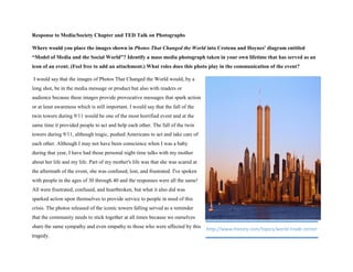 Response to Media/Society Chapter and TED Talk on Photographs
Where would you place the images shown in Photos That Changed the World into Croteau and Hoynes' diagram entitled
“Model of Media and the Social World”? Identify a mass media photograph taken in your own lifetime that has served as an
icon of an event. (Feel free to add an attachment.) What roles does this photo play in the communication of the event?
I would say that the images of Photos That Changed the World would, by a
long shot, be in the media message or product but also with readers or
audience because these images provide provocative messages that spark action
or at least awareness which is still important. I would say that the fall of the
twin towers during 9/11 would be one of the most horrified event and at the
same time it provided people to act and help each other. The fall of the twin
towers during 9/11, although tragic, pushed Americans to act and take care of
each other. Although I may not have been conscience when I was a baby
during that year, I have had those personal night time talks with my mother
about her life and my life. Part of my mother's life was that she was scared at
the aftermath of the event, she was confused, lost, and frustrated. I've spoken
with people in the ages of 30 through 40 and the responses were all the same!
All were frustrated, confused, and heartbroken, but what it also did was
sparked action upon themselves to provide service to people in need of this
crisis. The photos released of the iconic towers falling served as a reminder
that the community needs to stick together at all times because we ourselves
share the same sympathy and even empathy to those who were affected by this
tragedy.
http://www.history.com/topics/world-trade-center
 