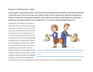Response to "Visualizing Gender" Chapter
In their chapter “Communicating Gender,” Maya Ganesh and Gabi Sobliye discuss two primary visual advocacy approaches:
1) get the idea, and 2) stories in data. Find a new example of either of the two visual advocacy approaches to gender issues,
and post it in this thread. First, identify the approach. Then explain how the designer uses the approach to communicate a
gender issue. Is the approach effective in this example? Why or why not? How could this graphic be improved?
The approach of the designer of the picture is
"get the idea" because of the context the image
presents only. The context it gives is the idea of
a man and a women both who seem to be of the
same position level in a company, however if
you look their bag of money they each own are
of different sizes. Why would it be that though?
For people who try to comprehend this picture,
the only message that communicates to them is
that "women are paid less than men do" but not
necessarily given a reason why. I think the
example is effective from the simplicity because
modern day majority of people want to work for
companies with high wage pay and it highlights
the disparity when trying to comprehend the
reasons behind it. There isn't anything that necessarily explains why this exist, but it does and causes people to prod at the image.
https://www.linkedin.com/pulse/why-men-get-paid-more-than-women-lydia-
moussa
 