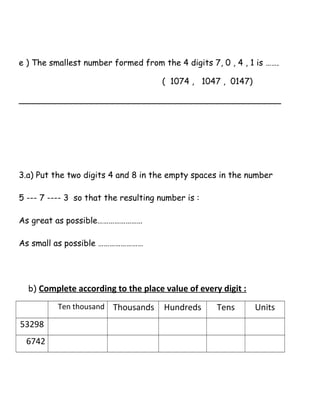 e ) The smallest number formed from the 4 digits 7, 0 , 4 , 1 is …….
( 1074 , 1047 , 0147)
__________________________________________________
3.a) Put the two digits 4 and 8 in the empty spaces in the number
5 --- 7 ---- 3 so that the resulting number is :
As great as possible……………………
As small as possible ……………………
b) Complete according to the place value of every digit :
Ten thousand Thousands Hundreds Tens Units
53298
6742
 