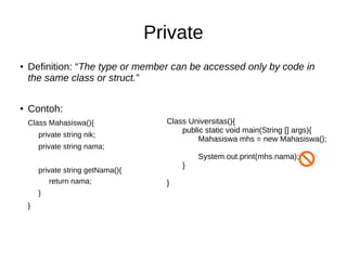 Private
●
Definition: “The type or member can be accessed only by code in
the same class or struct.”
●
Contoh:
Class Mahasiswa(){
private string nik;
private string nama;
private string getNama(){
return nama;
}
}
Class Universitas(){
public static void main(String [] args){
Mahasiswa mhs = new Mahasiswa();
System.out.print(mhs.nama);
}
}
 