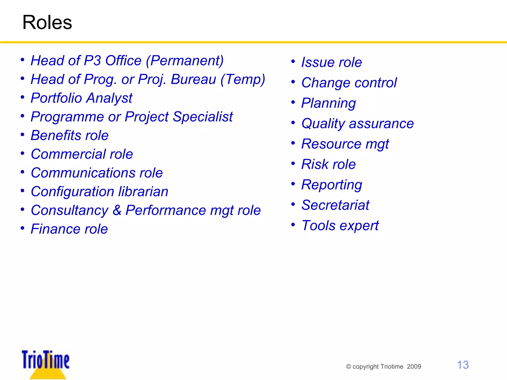 Roles Head of P3 Office (Permanent) Head of Prog. or Proj. Bureau (Temp) Portfolio Analyst Programme or Project Specialist Benefits role Commercial role Communications role Configuration librarian Consultancy & Performance mgt role Finance role Issue role  Change control Planning Quality assurance Resource mgt Risk role Reporting Secretariat Tools expert 