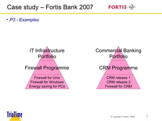 Case study – Fortis Bank 2007 P3 - Examples Commercial Banking Portfolio CRM Programme CRM release 1 CRM release 2 Firewall for CRM IT Infrastructure Portfolio Firewall Programme Firewall for Unix Firewall for Windows Energy saving for PCs 