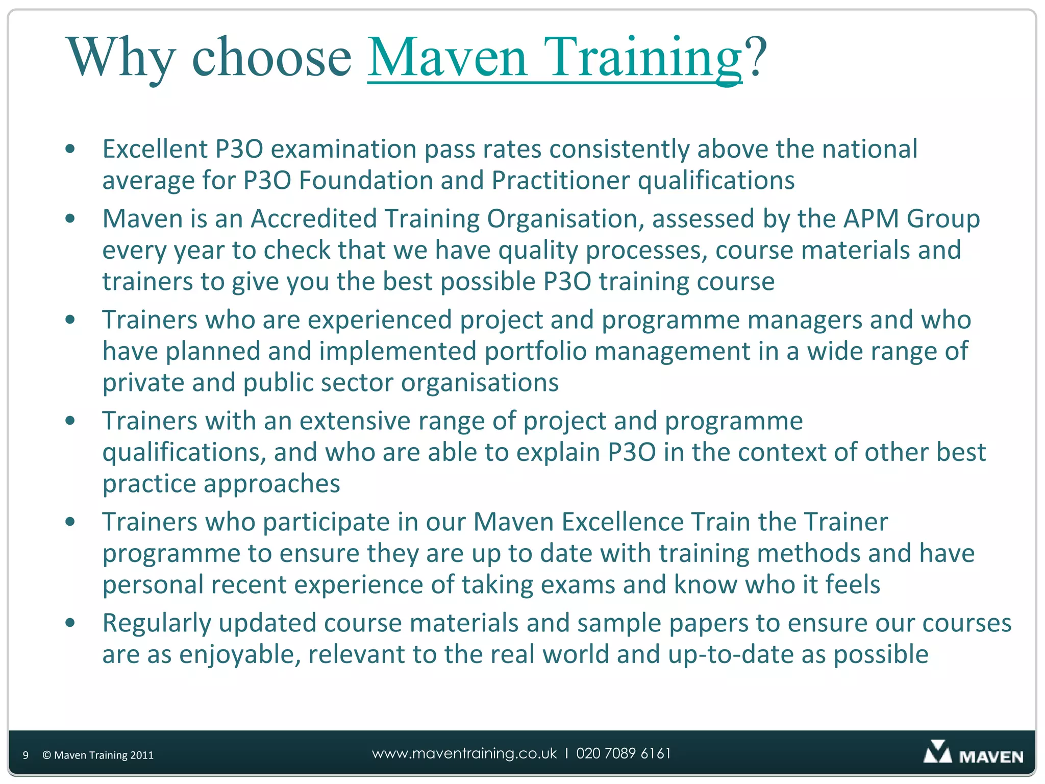 What will I learn on the course?Describe the high-level P3O model and know the differences between Portfolio, Programme and Project ManagementKnow the arguments for establishing a P3O model and measuring its successDescribe the purpose and major content of all rolesState the key functions and services of a P3ODescribe tools and techniques used by a P3O Define the business case to get senior management approval for the P3OBuild the right P3O model to adapt to the organization’s needs, taking account of the organization’s size and PPM maturityPlan the implementation of a P3OUse tools and techniques in running the P3O and shaping the portfolio of programmes and projects