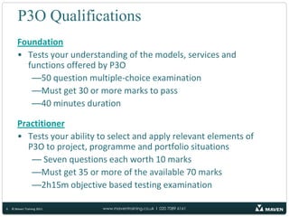 Ensure projects and programmes are delivered within time, cost and quality constraintsP3O® is a Registered Trade Mark of the Office of Government Commerce