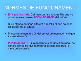 NORMES DE FUNCIONAMENT Entrada i sortida : Cal recordar als vostres fills que no poden marxar sense  ACOMIADAR-SE  del tutor/a Si vé alguna persona diferent a recollir el nen /la nena cal avisar-ho al tutor/a. Si ocasionalment feu ús del servei de menjador, cal que aviseu al tutor/a. PUNTUALITAT:  Cal respectar els horaris d’entrada i de sortida per tal de NO interferir a la resta del grup i al ritme de la classe. 