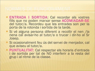 ENTRADA I SORTIDA :  Cal recordar als vostres fills que no poden marxar sense  ACOMIADAR-SE  del tutor/a. Recordeu que les entrades son per la porta de la rotonda i sortida de la tarde.  Si vé alguna persona diferent a recollir el nen /la nena cal avisar-ho al tutor/a o trucar i dir-ho al Sr Josep. Si ocasionalment feu ús del servei de menjador, cal que aviseu al tutor/a. PUNTUALITAT:  Cal respectar els horaris d’entrada i de sortida per tal de NO interferir a la resta del grup i al ritme de la classe. 