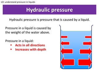 Hydraulic pressure
Hydraulic pressure is pressure that is caused by a liquid.
Pressure in a liquid is caused by
the weight of the water above.
Pressure in a liquid:
 Acts in all directions
 Increases with depth
LO: understand pressure in liquids
 