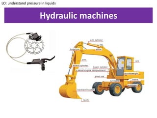Hydraulic machines
LO: understand pressure in liquids
 