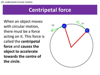 Centripetal force
When an object moves
with circular motion,
there must be a force
acting on it. This force is
called the centripetal
force and causes the
object to accelerate
towards the centre of
the circle.
LO: understand circular motion
 