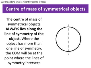 Centre of mass of symmetrical objects
LO: Understand what is meant by centre of mass
The centre of mass of
symmetrical objects
ALWAYS lies along the
line of symmetry of the
object. Where the
object has more than
one line of symmetry,
the COM will be at the
point where the lines of
symmetry intersect
 