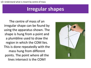 Irregular shapes
LO: Understand what is meant by centre of mass
The centre of mass of an
irregular shape can be found by
using the apparatus shown. The
shape is hung from a point and
a plumbline used to draw the
region in which the COM lies.
This is done repeatedly with the
mass hung from different
points. The point where all the
lines intersect is the COM!
 