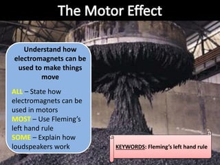 KEYWORDS: Fleming’s left hand rule
Understand how
electromagnets can be
used to make things
move
ALL – State how
electromagnets can be
used in motors
MOST – Use Fleming’s
left hand rule
SOME – Explain how
loudspeakers work
 