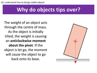 Why do objects tips over?
The weight of an object acts
through the centre of mass.
As the object is initially
tilted, the weight is causing
an anticlockwise moment
about the pivot. If the
object is let go, the moment
will cause the object to go
back onto its base.
LO: understand how to design stable objects
 