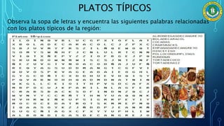 PLATOS TÍPICOS
Observa la sopa de letras y encuentra las siguientes palabras relacionadas
con los platos típicos de la región:
 