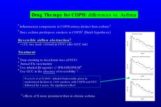 Inflammatory components in COPD airway distinct from asthma? Does asthma predispose smokers to COPD? (Dutch hypothesis) Drug Therapy for COPD:  differences vs. Asthma Reversible airflow obstruction?   >15% rise (and >200ml) in FEV1 after GCC trial Treatment Stop smoking to decelerate loss of FEV1 Annual Flu vaccination  Use inhaled   2-agonist +/- IPRATROPIUM* Use GCC in the  absence  of reversibility ? . . .  * effects of X more prominent than in chronic asthma Pauwels  et al (1999)  - inhaled budesonide given in randomised fashion to 1000 smokers with COPD and FEV followed for 3 years. No significant effect! 