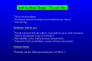 Anti-Asthma Drugs:  Theophylline Weak bronchodilator Prominent immunomodulatory/anti-inflammatory effects Oral dosing Problems with its use Poorly tolerated (GI side-effects especially) in up to 1/3rd of patients Narrow therapeutic range (10-20mg/L) Biovailability varies widely between preparations Extensive P450 metabolism - source of many interactions Current Status Probably 4th line following introduction of LTRAs ? 
