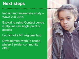 Next steps
20
Impact and awareness study –
Wave 2 in 2015
Exploring using Contact centre
(HelpLine) as single point of
access
Launch of a NE regional hub
Development work to scope
phase 2 (wider community
offer)
 