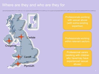 9
Where are they and who are they for
Professional carers
(working with children
who have/may have
experienced sexual
abuse)
Carlisle
Craigavon
Cardiff
Plymouth
 