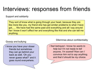 Interviews: responses from friends
They sort of know what is going through your head, because they are
like more like you. my friend she has got similar problems to what I have
got,…. We have had the same past and everything and all I say around
her I know it won’t affect her and everything like that and she can tell me
anything.
I know you have your closer
friends but sometimes
they can go behind your
back as well, ‘Oh you
never guess what?’ and it
goes round everywhere.
Support and solidarity
Gossip and bullying
I feel betrayed. I know he wants to
help but I’m not ready to tell
anyone, I’m scared! How can I
convince him not to say anything,
and that it should be my choice.
Dilemmas about confidentiality
 