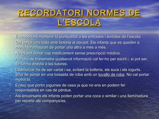 RECORDATORI NORMES DERECORDATORI NORMES DE
L’ESCOLAL’ESCOLA
• És important mantenir la puntualitat a les entrades i sortides de l’escola.És important mantenir la puntualitat a les entrades i sortides de l’escola.
• Cal portar una bata amb botons al davant. Els infants que es queden aCal portar una bata amb botons al davant. Els infants que es queden a
menjador n'hauran de portar una altra a més a més.menjador n'hauran de portar una altra a més a més.
• No es pot donar cap medicament sense prescripció mèdica.No es pot donar cap medicament sense prescripció mèdica.
• A l’hora de transmetre qualsevol informació cal fer-ho per escrit i, si pot ser,A l’hora de transmetre qualsevol informació cal fer-ho per escrit i, si pot ser,
de forma directa a les tutores.de forma directa a les tutores.
• L'esmorzar ha de ser variat i sa, evitant la bolleria, els sucs i els iogurts.L'esmorzar ha de ser variat i sa, evitant la bolleria, els sucs i els iogurts.
S'ha de portar en una bosseta de roba amb unS'ha de portar en una bosseta de roba amb un tovalló de robatovalló de roba. No cal portar. No cal portar
motxil.la.motxil.la.
• Eviteu que portin joguines de casa ja que no ens en podem ferEviteu que portin joguines de casa ja que no ens en podem fer
responsables en cas de pèrdua.responsables en cas de pèrdua.
• Als aniversaris els infants poden portar una coca o similar i una llaminaduraAls aniversaris els infants poden portar una coca o similar i una llaminadura
per repartir als companys/es.per repartir als companys/es.
 