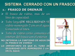 SISTEMA  CERRADO CON UN FRASCO 3.-  FRASCO DE DRENAJE El frasco de vidrio, mas de un litro de capacidad. Tubo largo (DE SEGURIDAD ) SE vidrio sumergido 2 cm en el agua. Conectado al látex. Tubo de vidrio corto: comunica el interior del frasco con el exterior . NO INTERESA LA CANTIDAD DE AGUA EN EL FRASCO DE VIDRIO  LO IMPORTANTE ES QUE EL TUBO DE SEGURIDAD ESTE SUMERGIDO 2 cm  EN EL AGUA 