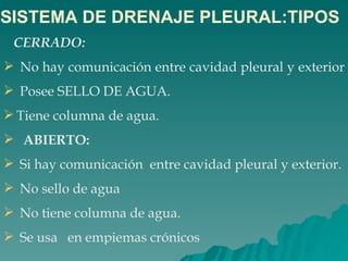 CERRADO: No hay comunicación entre cavidad pleural y exterior  Posee SELLO DE AGUA. Tiene columna de agua.  ABIERTO: Si hay comunicación  entre cavidad pleural y exterior. No sello de agua No tiene columna de agua. Se usa  en empiemas crónicos SISTEMA DE DRENAJE PLEURAL:TIPOS 