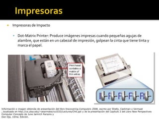  Impresoras de Impacto
 Dot-Matrix Printer: Produce imágenes impresas cuando pequeñas agujas de
alambre, que están en un cabezal de impresión, golpean la cinta que tiene tinta y
marca el papel.
Información e imagen obtenida de presentación del libro Discovering Computers 2008, escrito por Shelly, Cashman y Vermaat
, localizado en http://cs.utsa.edu/~akarmake/cs1033/Lectures/Ch6.ppt y de la presentación del Capítulo 2 del Libro New Perspectives
Computer Concepts de June Jamrich Parsons y
Dan Oja, 10ma. Edición.
 