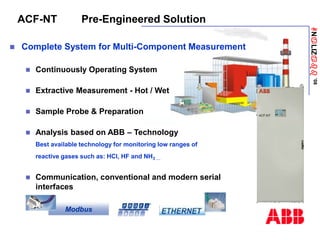 ANaLIZabb
’08
ACF-NT Pre-Engineered Solution
 Complete System for Multi-Component Measurement
 Continuously Operating System
 Extractive Measurement - Hot / Wet
 Sample Probe & Preparation
 Analysis based on ABB – Technology
Best available technology for monitoring low ranges of
reactive gases such as: HCl, HF and NH3 …
 Communication, conventional and modern serial
interfaces
Modbus
 