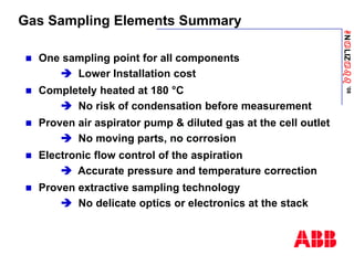 ANaLIZabb
’08
Gas Sampling Elements Summary
 One sampling point for all components
 Lower Installation cost
 Completely heated at 180 °C
 No risk of condensation before measurement
 Proven air aspirator pump & diluted gas at the cell outlet
 No moving parts, no corrosion
 Electronic flow control of the aspiration
 Accurate pressure and temperature correction
 Proven extractive sampling technology
 No delicate optics or electronics at the stack
 