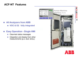 ANaLIZabb
’08
ACF-NT Features
 All Analyzers from ABB
 VOC & O2 fully integrated
 Easy Operation - Single HMI
 Clear-text status messages
 Integration and display from other
measurements (p.e. dust, temp.)
Human Machine
Interface (front)
 