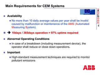 ANaLIZabb
’08
Main Requirements for CEM Systems
 Avaliability
 No more than 10 daily average values per year shall be invalid
caused by mailfunction or maintenance of the AMS (Automated
Measuring System).
  10days / 365days operation = 97% uptime required
 Abnormal Operating Conditions
 In case of a breakdown (including measurement device), the
operator shall reduce or close down operations.
 Important
 High-standard measurement techniques are required to monitor
pollutant emissions
 