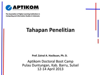 Tahapan Penelitian
Prof. Zainal A. Hasibuan, Ph. D.
Aptikom Doctoral Boot Camp
Pulau Duntungan, Kab. Barru, Sulsel
12-14 April 2013
 