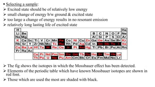  Selecting a sample:
 Excited state should be of relatively low energy
 small change of energy b/w ground & excited state
 too large a change of energy results in no resonant emission
 relatively long lasting life of excited state
 The fig shows the isotopes in which the Mossbauer effect has been detected.
 Elements of the periodic table which have known Mossbauer isotopes are shown in
red font.
 Those which are used the most are shaded with black.
 