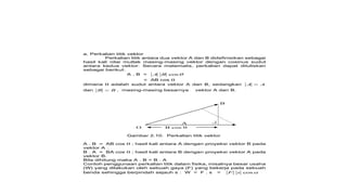 a. Perkalian titik vektor
Perkalian titik antara dua vektor A dan B didefinisikan sebagai
hasil kali nilai mutlak masing-masing vektor dengan cosinus sudut
antara kedua vektor. Secara matematis, perkalian dapat dituliskan
sebagai berikut:
A . B = 
cos
B
A
= AB cos 
dimana  adalah sudut antara vektor A dan B, sedangkan A
A 
dan B
B  , masing-masing besarnya vektor A dan B.
B
A
O B cos 
Gambar 2.10. Perkalian titik vektor
A . B = AB cos  ; hasil kali antara A dengan proyeksi vektor B pada
vektor A .
B . A = BA cos  ; hasil kali antara B dengan proyeksi vektor A pada
vektor B.
Bila dihitung maka A . B = B . A
Contoh penggunaan perkalian titik dalam fisika, misalnya besar usaha
(W) yang dilakukan oleh sebuah gaya (F) yang bekerja pada sebuah
benda sehingga berpindah sejauh s : W = F . s = 
cos
s
F
 